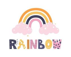 arcobaleno colorato carino con nuvole rosa stelle e doodle stile lettering vettore piatto fumetto illustrazione arredamento per bambini poster cartoline abbigliamento e interni