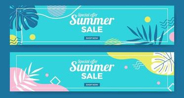 promozione di banner di offerta di vendita estiva alla moda con foglie tropicali memphis astratto con sfondo blu vettore