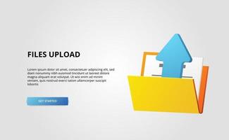 La cartella aperta 3D contiene il concetto di memoria di backup del trasferimento dei dati dell'illustrazione della freccia di caricamento del documento del file con priorità bassa bianca vettore
