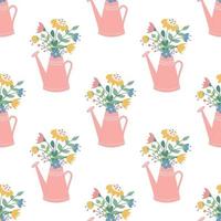 carino bellissimi fiori in un annaffiatoio rosa vector seamless pattern in uno stile piatto su uno sfondo bianco carta da parati decorativa floreale