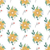 bellissimo fiore giallo carino con elementi vegetali decorativi su uno sfondo bianco vector seamless pattern in stile piatto decorazioni floreali carta da parati