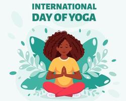 donna afroamericana meditando nella posa del loto giornata internazionale di yoga vettore