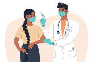 un dottore maschio con maschera e guanti fa un vaccino a una paziente di sesso femminile vettore