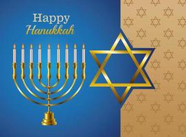 felice celebrazione di hanukkah con candelabro e stella d'oro vettore