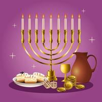 happy hanukkah celebrazione card con candelabro ed elementi dorati vettore