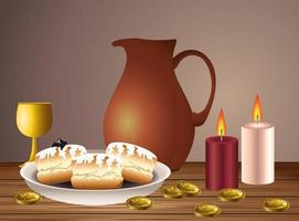 carta di celebrazione felice hanukkah con cibo e candele vettore