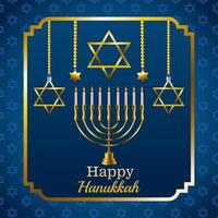 carta di celebrazione felice hanukkah con candelabro e stelle in cornice quadrata vettore