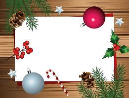 felice buon natale card con foglie e palline in fondo in legno vettore