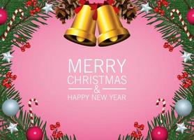carta di lettere di buon Natale felice con campane d'oro e palla in corona vettore