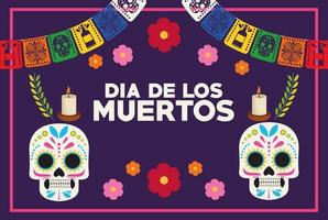 poster di celebrazione del dia de los muertos con coppia di teschi e ghirlande vettore
