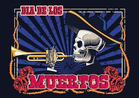 dia de los muertos poster con teschio mariachi che suona la tromba vettore