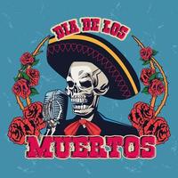 dia de los muertos poster con teschio mariachi che canta con microfono e rose vettore