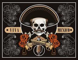 dia de los muertos poster con teschio mariachi e pistole incrociate in poster marrone vettore