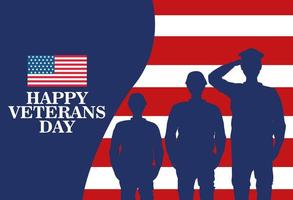 felice celebrazione del giorno dei veterani con ufficiale militare e soldati che salutano sullo sfondo della bandiera vettore