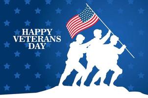 felice celebrazione del giorno dei veterani con soldati che sollevano la bandiera degli Stati Uniti in pole vettore