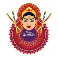 felice celebrazione card navratri con bella dea e mandala vettore