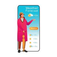 schermata di app di vettore dello smartphone del fumetto delle previsioni del tempo