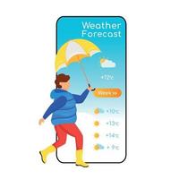 schermata di app di vettore dello smartphone del fumetto delle previsioni del tempo