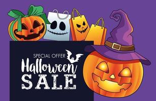 poster stagionale di vendita di halloween con zucche che indossano cappello da strega e borse della spesa vettore