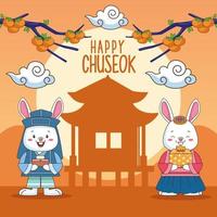 felice celebrazione chuseok con silhouette edificio cinese e coppia di conigli vettore