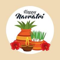 felice celebrazione carta navratri con piante d'appartamento e candele vettore