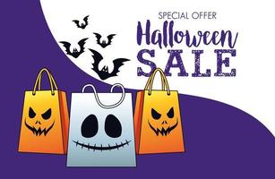 poster stagionale di vendita di halloween con borse della spesa e pipistrelli che volano vettore