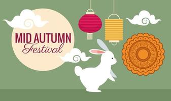 celebrazione del festival di metà autunno con scritte in luna piena e coniglio vettore