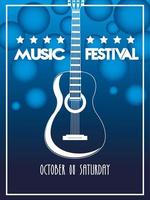 poster del festival musicale con strumento acustico per chitarra su sfondo blu vettore