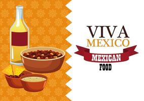 Viva Messico scritte e poster di cibo messicano con fagioli fritti e nachos in salsa vettore