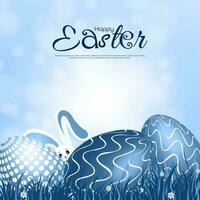 Pasqua tema con un' coniglio sbirciando su a partire dal dietro a colorato uova nel erba e fiori, Pasqua saluti su un' naturale sfondo con luce del sole, vettore illustrazione.