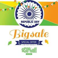 gennaio 26, repubblica giorno di India grande vendita offrire con il tricolore bandiera di India. vettore