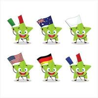 nuovo verde stelle cartone animato personaggio portare il bandiere di vario paesi vettore