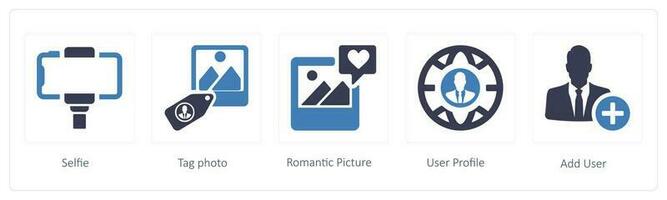 attività commerciale icone come come autoscatto, etichetta foto e romantico immagine vettore