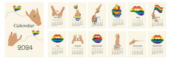 2024 calendario design con lgbt simbolo. mano disegnato calendario progettista annuale organizzatore. vettore