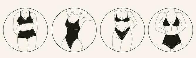 impostato di nero e bianca donne nel bikini . spiaggia biancheria intima. amore e accettare qualunque corpo genere. salutare corpo, corpo positivo, Grasso accettazione movimento, stile di vita e moda concetto. vettore