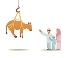 Pakistan sollevamento bestiame attraverso gru tradizione su eid al adha celebrazione cartone animato illustrazione vettore