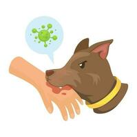 cane morsi mano trasmette rabbia batteri virus. animale assistenza sanitaria simbolo cartone animato illustrazione vettore