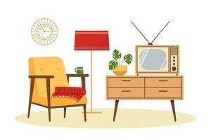 Vintage ▾ vivente camera interno con poltrona, tv, pavimento lampada, costumista. retrò mobilia impostato nel 60s stile. piatto vettore illustrazione.