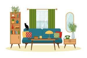 Vintage ▾ vivente camera interno con armadio e divano. retrò mobilia impostato nel 60s stile. piatto vettore illustrazione.