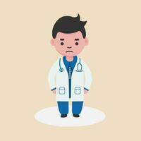 stressato medico. un' triste medico cartone animato personaggio indossare bianca uniforme sensazione stressato.vettore illustrazione. vettore