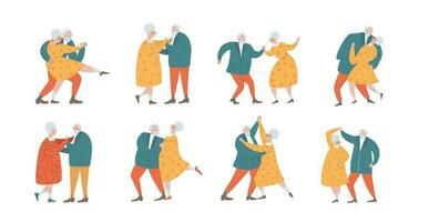 grande impostato di anziano coppie danza, anziano persone romantico relazioni concetto. vecchio uomini e donne abbracciare, Tenere mani mentre ballando. vecchio personaggi passatempo. piatto mano disegnato cartone animato vettore illustrazione