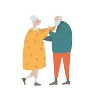 anziano coppie ballando. anziano persone romantico relazioni concetto. contento vecchio uomini e donne Tenere mani e abbracciare mentre ballando. vecchio personaggi datazione, isolato mano disegnato piatto vettore illustrazione.
