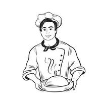giovane capocuoco cucinare Tenere un' piatto nel il suo mani.vettore illustrazione. vettore