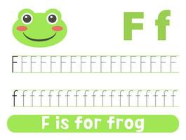 tracciato alfabeto lettera f con carino verde rana. foglio di lavoro per bambini. vettore