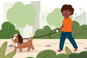 cartone animato piatto illustrazione di un' nero ragazzo a piedi il suo cane al di fuori nel il città parco. vettore