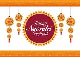 Happy navratri celebrazione della carta scritta con decorazioni appese vettore