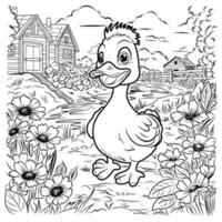 colorazione pagina anatra. anatroccolo carino divertente personaggio lineare illustrazione bambini per colorazione.uccello azienda agricola vettore