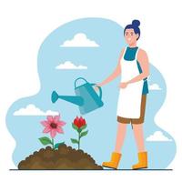 donna di giardinaggio con annaffiatoio e fiori disegno vettoriale