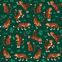 tigre senza soluzione di continuità modello, vettore animale Stampa con carino tigri e giapponese pino rami. biologico piatto stile vettore illustrazione.