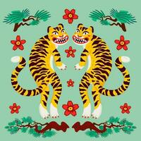 asiatico tigre simmetrico composizione, vettore tigri, e giapponese pino rami e fiori nel cartone animato asiatico stile. biologico piatto stile vettore illustrazione.